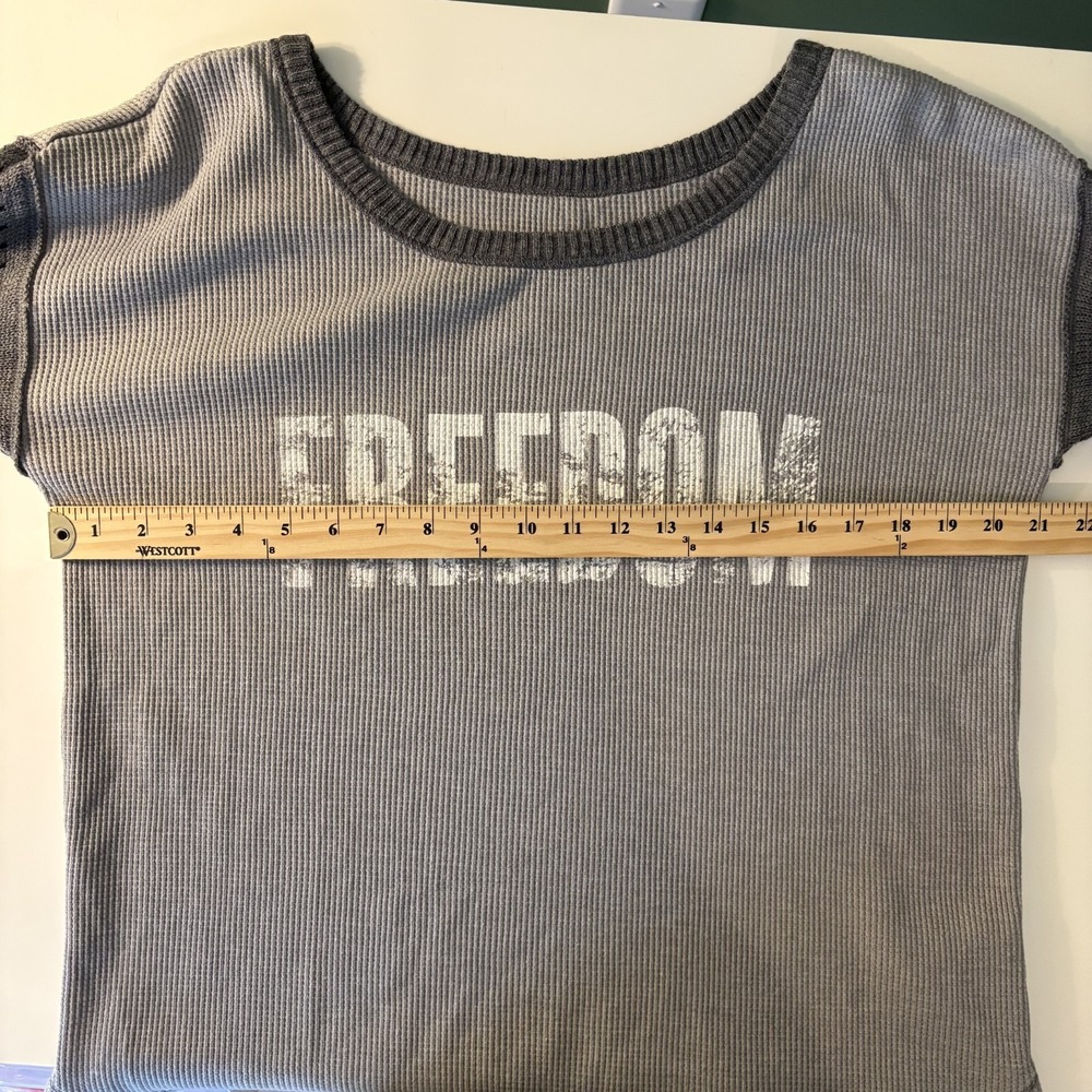 We the Free Waffle Knit Thermal Top Sz L Freedom Graphic Elbow Patches Boho USA - Picture 10 of 11